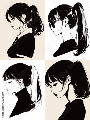 Four elegant illustrations showcase women with ponytails in various styles and outfits. Each profile highlights unique features and fashion, creating a stylish ensemble.