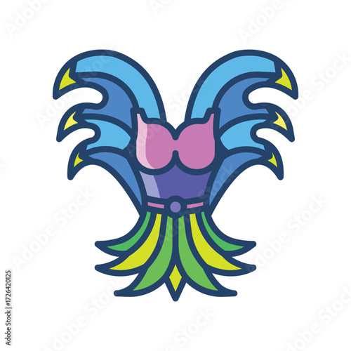 Stylized outfit featuring a pink bodice and blue and green decorative elements