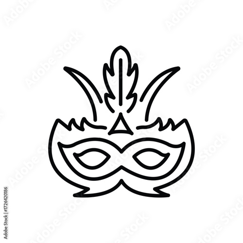 Black outline of a masquerade mask with feather accents above eye holes set