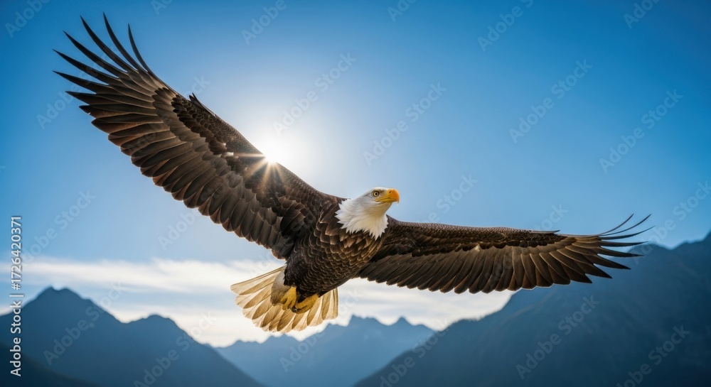 Fototapeta premium Majestic bald eagle soaring through a clear blue sky with mountains below isolated on white background