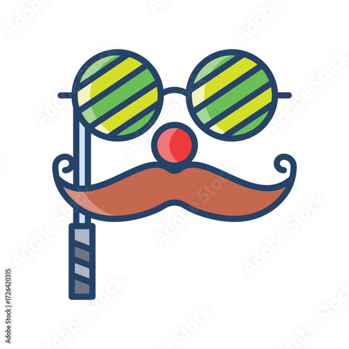 Cartoonish disguise with greenyellow striped glasses red nose and brown mustache held by a striped stick