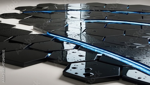 Hexagonal tiles with blue light and water