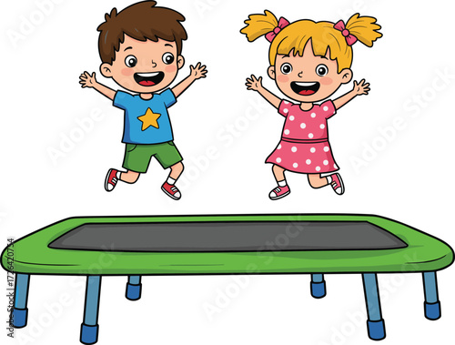 Children jumping, trampoline fun, cartoon kids, playful motion, outdoor activity, vector art, happy pose, exercise concept, editable design, joyful moment