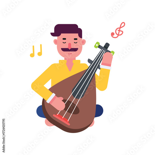 Man playing a stringed instrument while sitting crosslegged