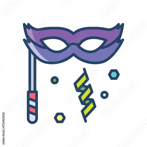 Mardi Gras Mask with handle confetti and streamers
