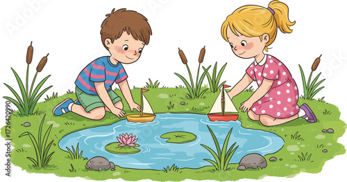 Children playing, pond activity, toy sailboat, outdoor fun, nature scene, cartoon kids, vector art, water lily, editable design, cheerful moment