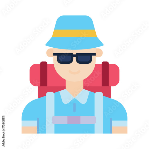 Person with backpack bucket hat and sunglasses