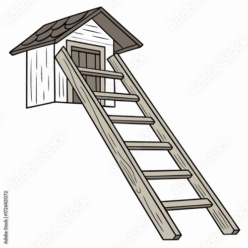 Vector illustration of a wooden chicken coop with a slanted ladder. Perfect for farm, agriculture, poultry, homestead, countryside, and rural lifestyle design projects