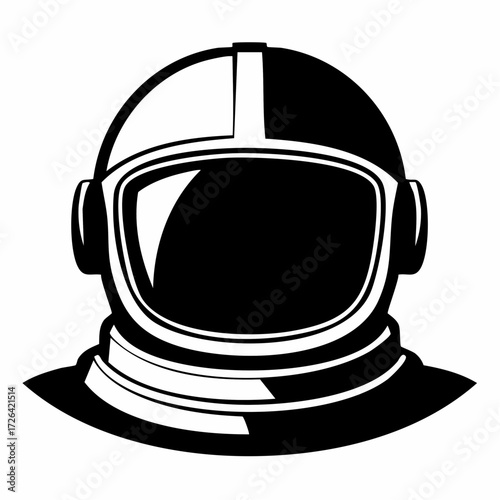 Black and white vector illustration of an astronaut helmet, space suit headgear for cosmic exploration and science fiction design