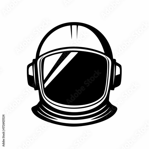 Monochrome vector illustration of an astronaut's space helmet with reflective visor, symbolizing cosmic exploration, future technology, and science.