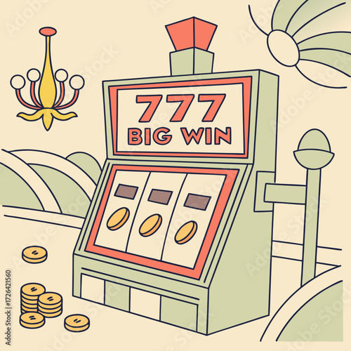Vector illustration of a slot machine with “777 Big Win” and gold coins. Perfect for casino, gambling, jackpot, and luck-themed graphic design projects