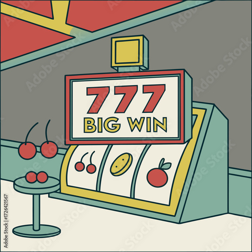 Vector illustration of a slot machine with “777 Big Win” and fruit icons like cherries and oranges. Perfect for casino, gambling, jackpot, and luck-themed design projects.