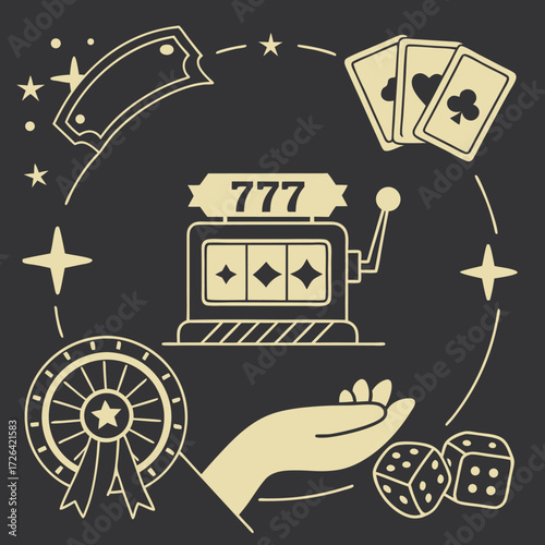 Minimalist vector illustration of a slot machine with 777, playing cards, dice, money, and award symbols. Perfect for casino, gambling, jackpot, and luck-themed design projects