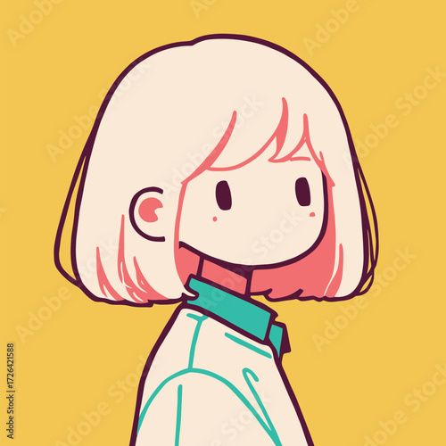 A young girl with short, light-colored hair stands against a bright yellow background. She has a soft expression and wears a simple outfit with a colorful collar.