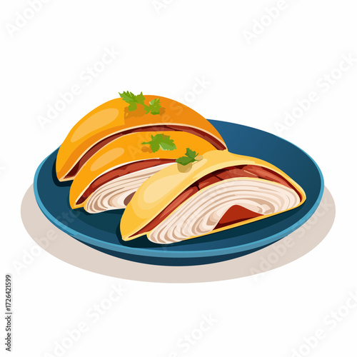 Illustration of traditional Asian steamed buns with layered dough and savory filling, garnished with herbs on a blue plate.
