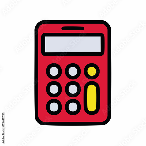 Cute cartoon red calculator icon illustration. Simple mathematical device for calculating, finance, and accounting.