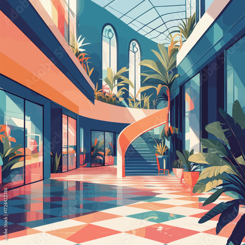 Bright and spacious atrium features tall windows and lush plants. A spiral staircase leads to upper levels, with colorful floor tiles adding charm to the area.