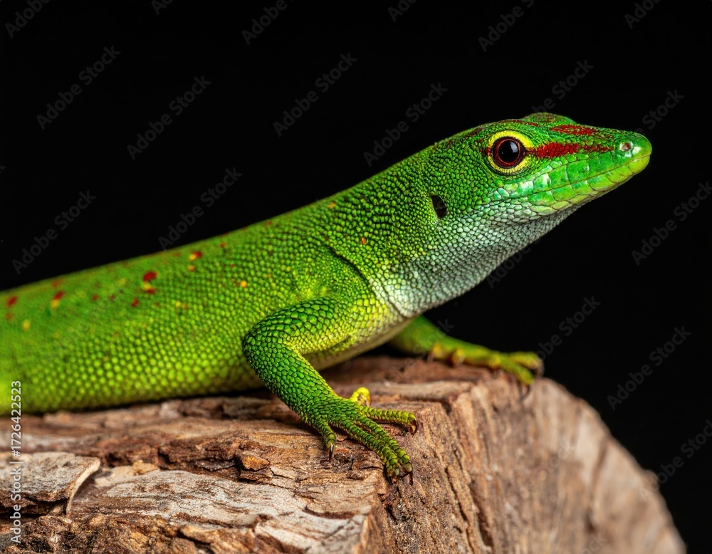 Fototapeta premium Close-up of a vibrant green lizard on a tree stump