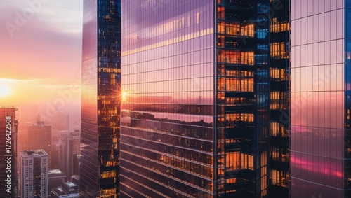 Sunset reflects on a modern skyscraper