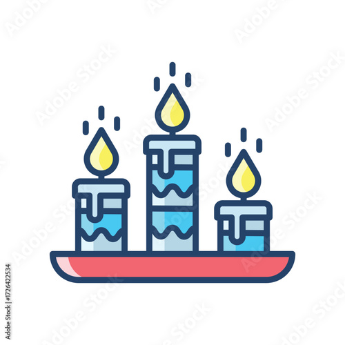 Three lit blue candles on a red tray