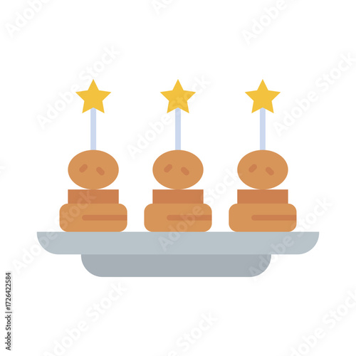 Three snacks on a silver platter each topped with a star