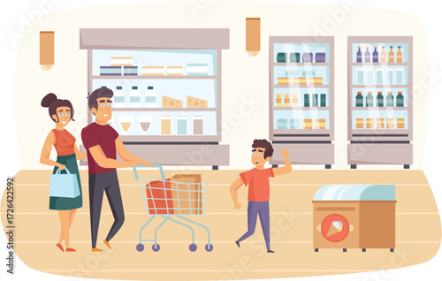 Vector art of family shopping for groceries in a supermarket, parents with child buying food in grocery store vector illustration