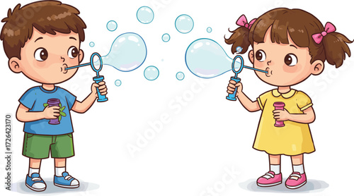 Cute boy and girl blowing soap bubbles, children playing outdoors, summer fun, childhood joy, happy kids, playful activity, friendship, colorful illustration for kids’ entertainment.
