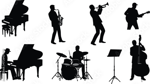 Jazz band silhouette illustration with musicians playing piano, saxophone, trumpet, drums, guitar, and double bass, ideal for music, concert, and performance themes.