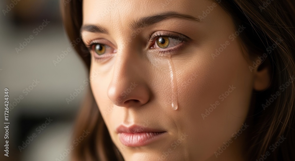 Fototapeta premium A woman with brown hair and green eyes, wearing a white shirt, crying with tears streaming down her face.
