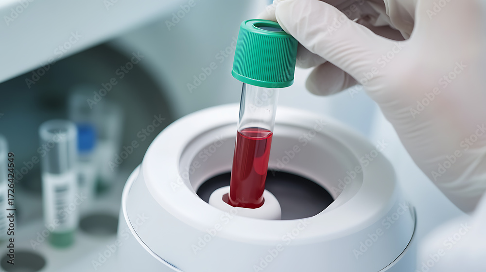 Fototapeta premium Blood Sample Analysis: A gloved hand places a blood-filled test tube in a centrifuge, focusing on medical diagnostics and laboratory testing for health analysis.