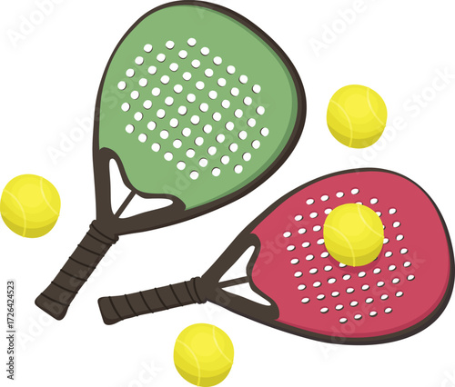 Vector art of two paddle tennis rackets, one green and one red, with three yellow balls, perfect for a dynamic and sporty design