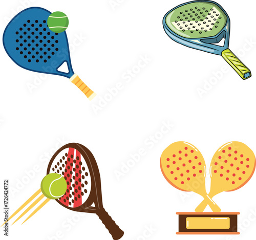 Vector art of set of four padel tennis illustrations, showcasing different racket designs and a trophy, perfect for sports enthusiasts