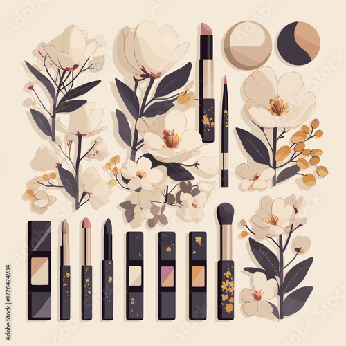 Various makeup items are artistically arranged among beautiful floral designs, blending beauty and nature in a harmonious display of colors and shapes.