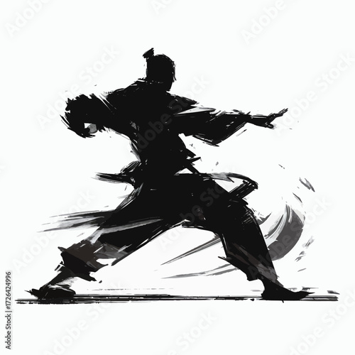 A skilled martial artist showcases their expertise with a dynamic pose. The strong silhouette conveys motion and strength, emphasizing agility and control.