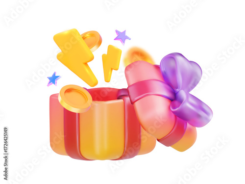 3D gift box with gradient tone and holographic bow exploding with golden coins, lightning bolts and glowing stars concept suitable for festive discount, sale promotion and online shopping design