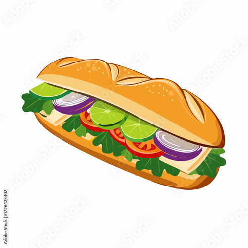 Delicious submarine sandwich illustration with fresh ingredients, long baguette bread, healthy fast food for lunch meal icon