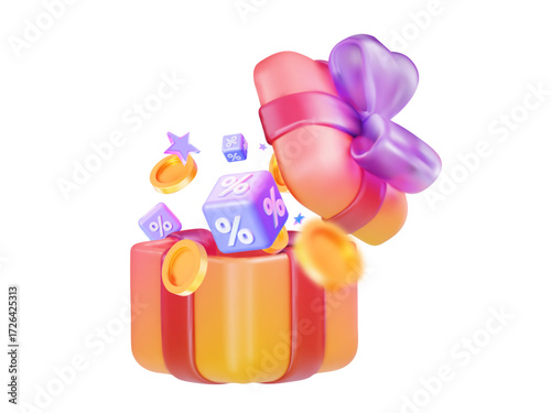 3D holographic gift box with coins and discount symbols concept suitable for festive sale promotion, holiday marketing, social media campaign and special event design