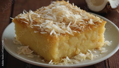 piece of cassava cake on a plate with coconut