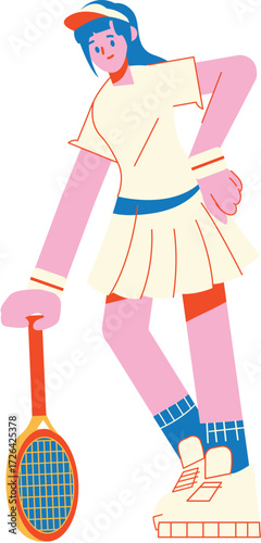 Vector art of a young female tennis player with a racket she is wearing a white tennis outfit and a blue visor, looking tired