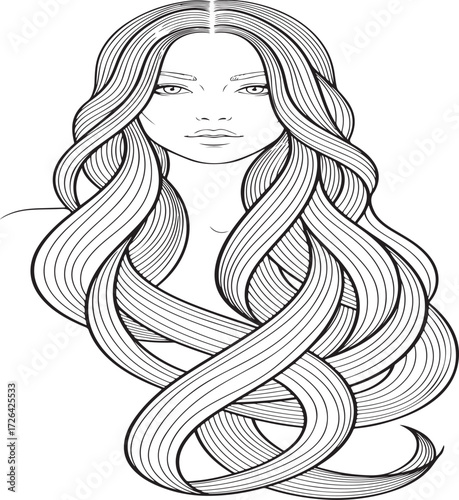 Artistic illustration of a woman s head and shoulders with intricately braided hair resembling dna strands isolated on white background.