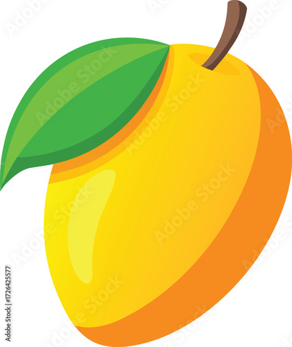 Bright yellow ripe mango fruit with green leaf and brown stem delicious tropical food concept
