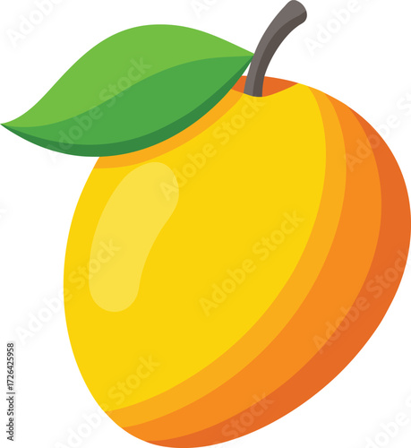 Bright yellow and orange mango fruit with green leaf and stem isolated