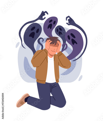 Illustration of man with panic and anxiety attack, covering ears from evil shadow. Flat vector in cartoon style of mental health concept isolated on white background