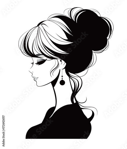 The graceful profile of a woman with chic hair and elegant earrings. The black and white design highlights her refined features and style.
