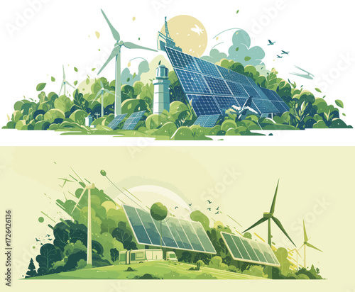 Solar panels and wind turbines are integrated into a lush landscape. Bright sunlight illuminates the scene, highlighting the commitment to clean energy.