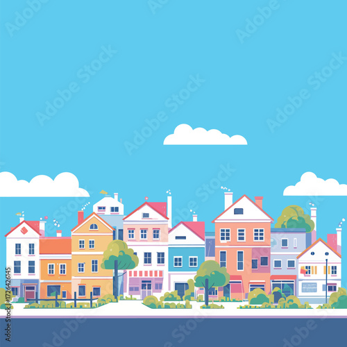 Brightly colored townhouses are aligned beside calm waters under a clear blue sky. Trees and clouds enhance the cheerful scene of this lively neighborhood.