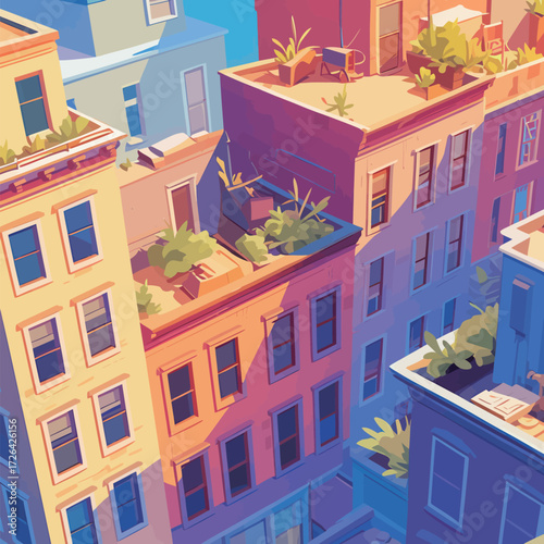 Rooftops of colorful city buildings showcase a lively urban landscape. Bright colors and plants add charm to the scene on a sunny day.