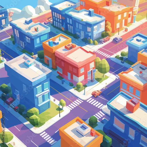 A vibrant city layout showcases a variety of colorful buildings and well-planned streets under clear skies, highlighting a sense of community and urban life.