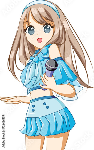 Vector art of anime girl with microphone, wearing a blue dress and headband, with big blue eyes and brown hair, singing on stage