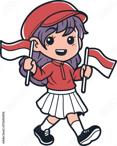 Vector art of a cute cartoon girl cheerfully celebrates indonesias independence day, waving two small red and white flags while walking